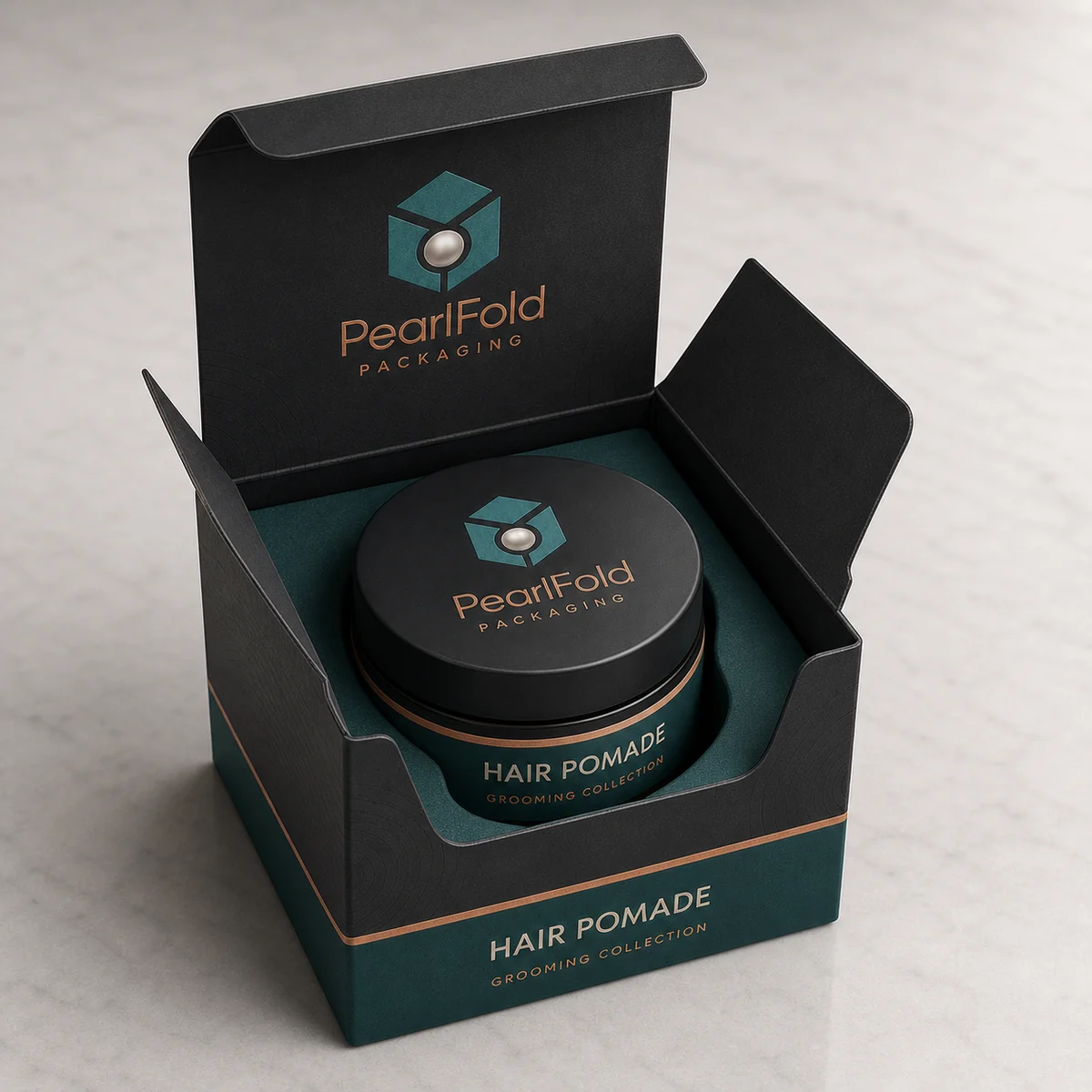 Open custom hair wax & pomade box showing its fitted insert and product presentation