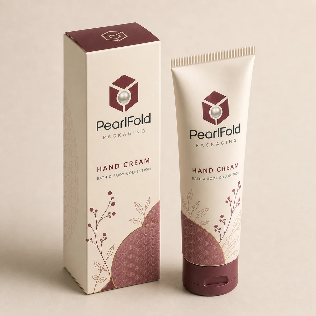 Custom hand cream packaging shown from a three-quarter side angle