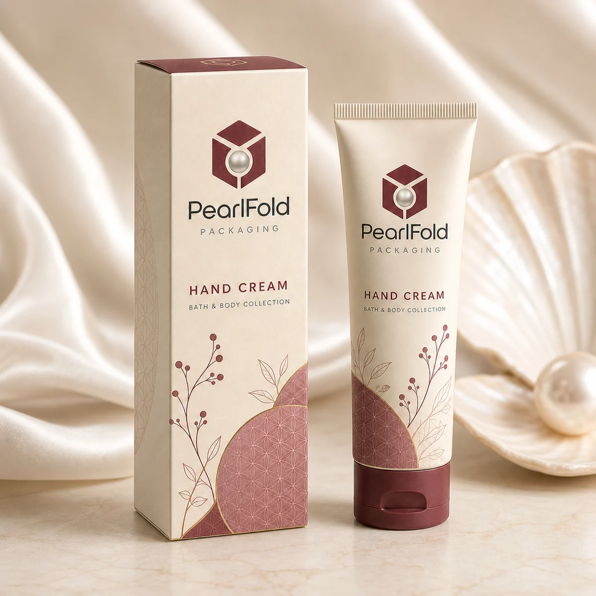 Custom hand cream box in a premium square retail styling scene