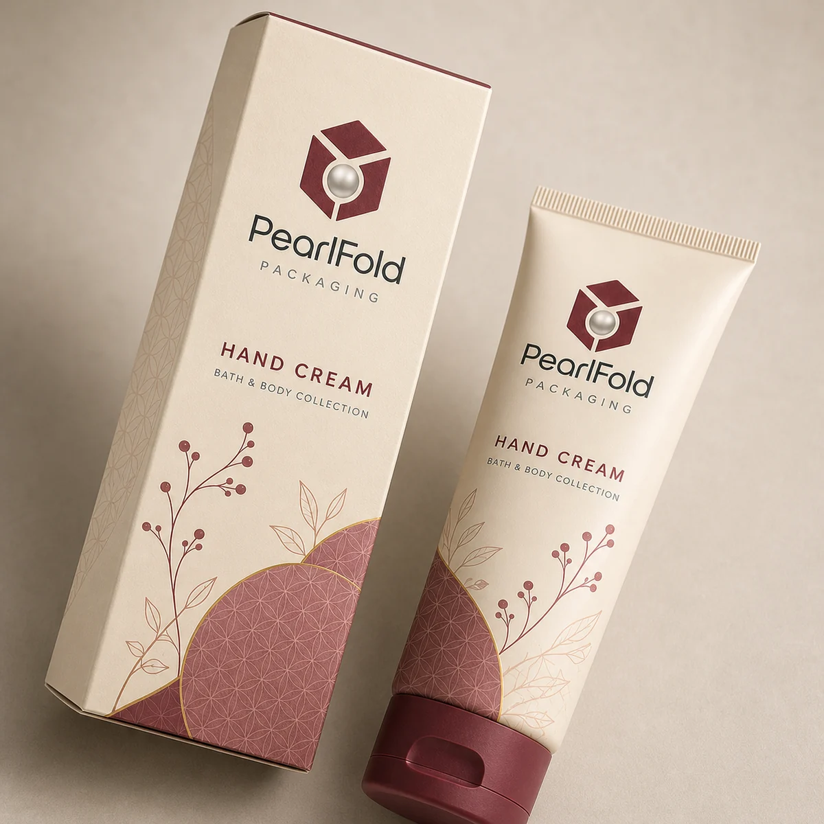 Close-up of custom hand cream box paper texture, print detail, and corner construction
