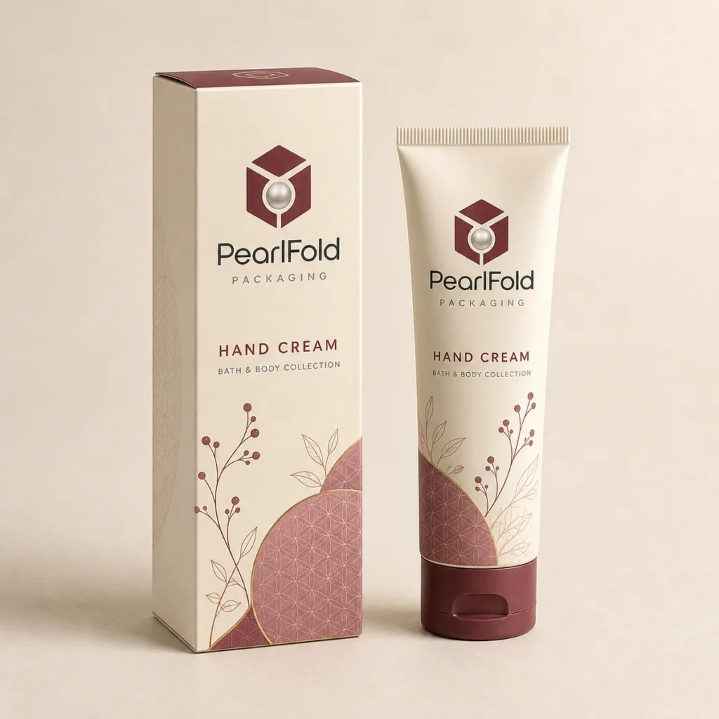Custom hand cream box with matching product in a square studio photograph
