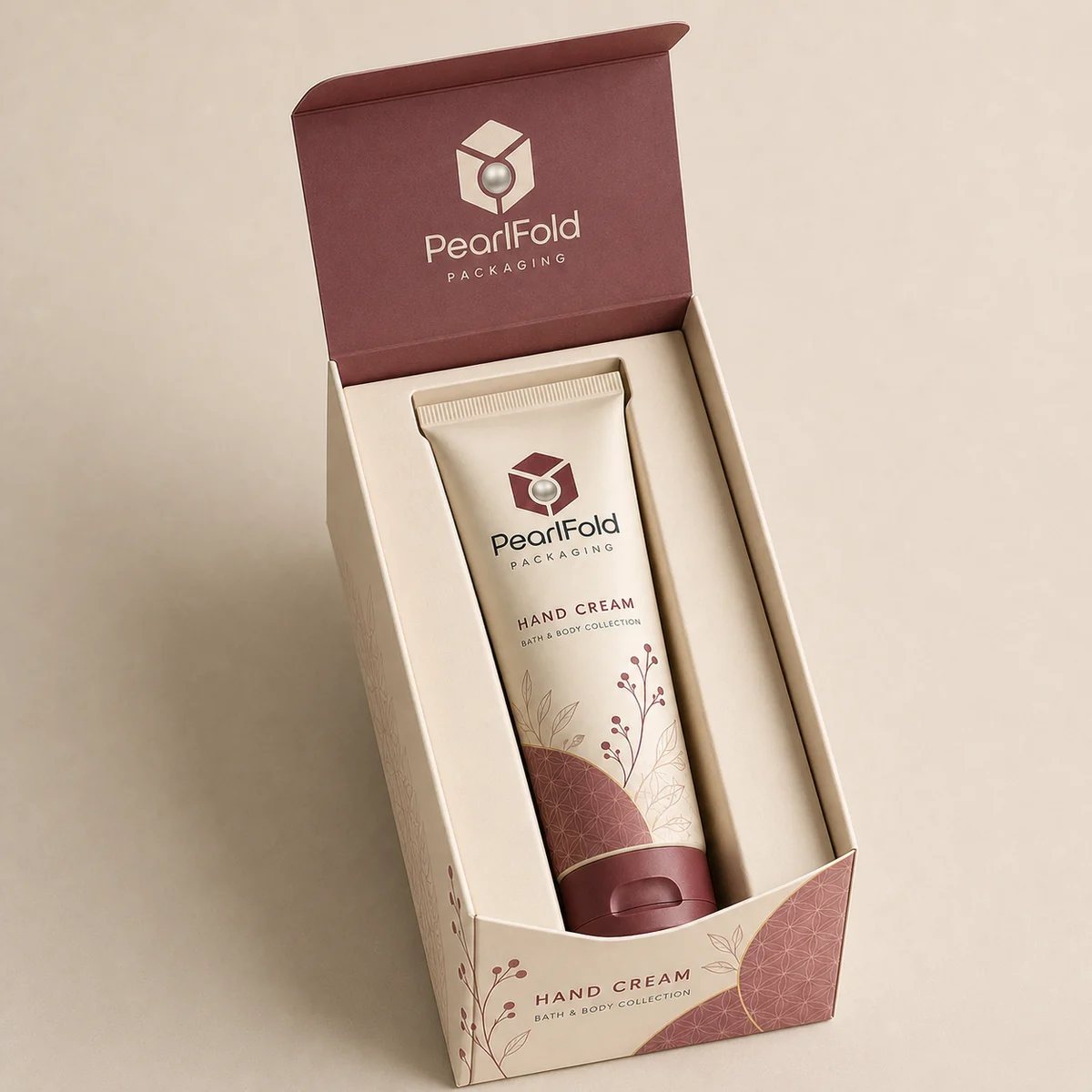 Open custom hand cream box showing its fitted insert and product presentation
