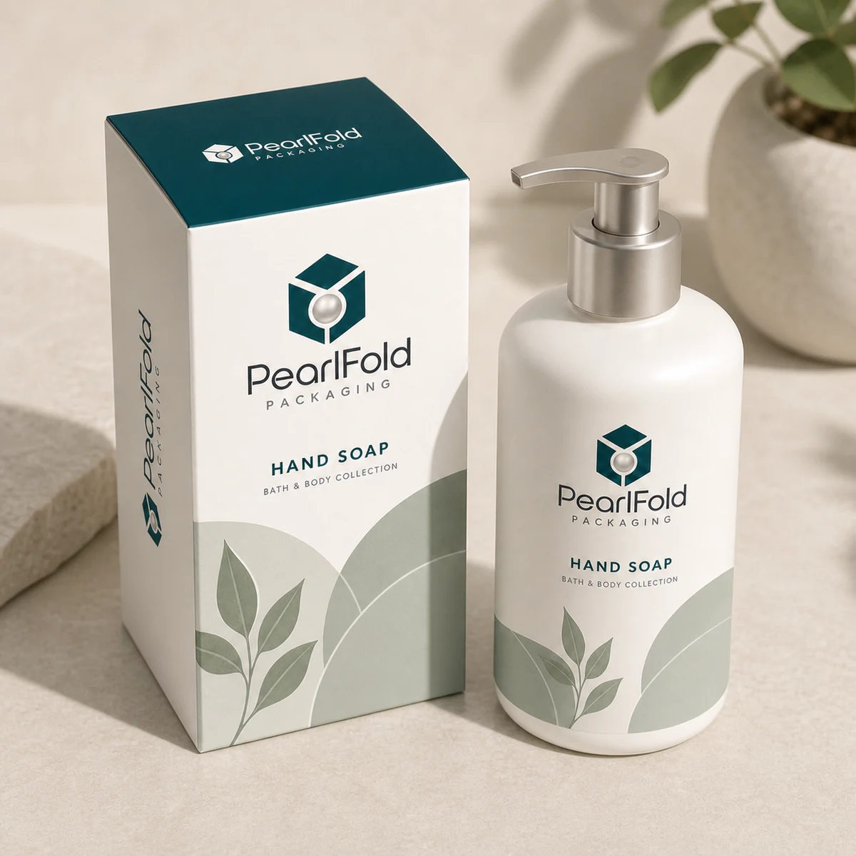 Custom hand soap packaging shown from a three-quarter side angle