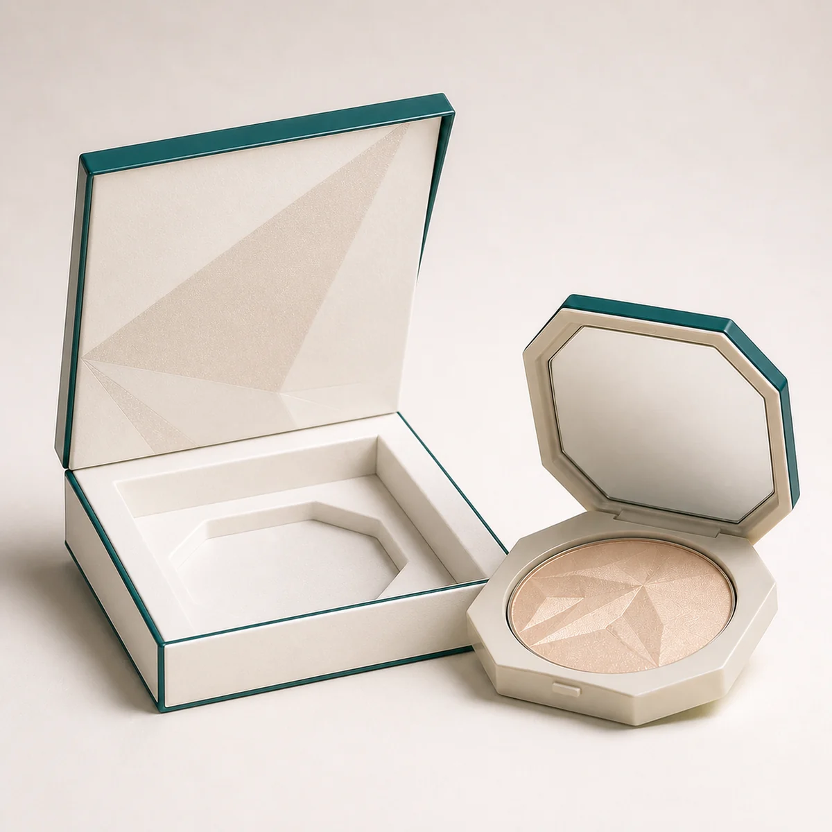 Open custom highlighter box showing its fitted insert and product presentation