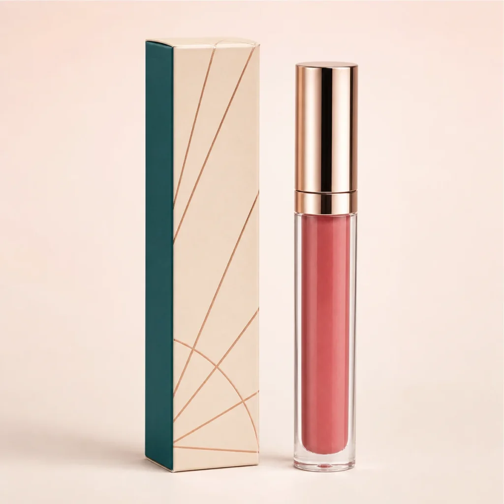 Custom lip gloss box with matching product in a square studio photograph