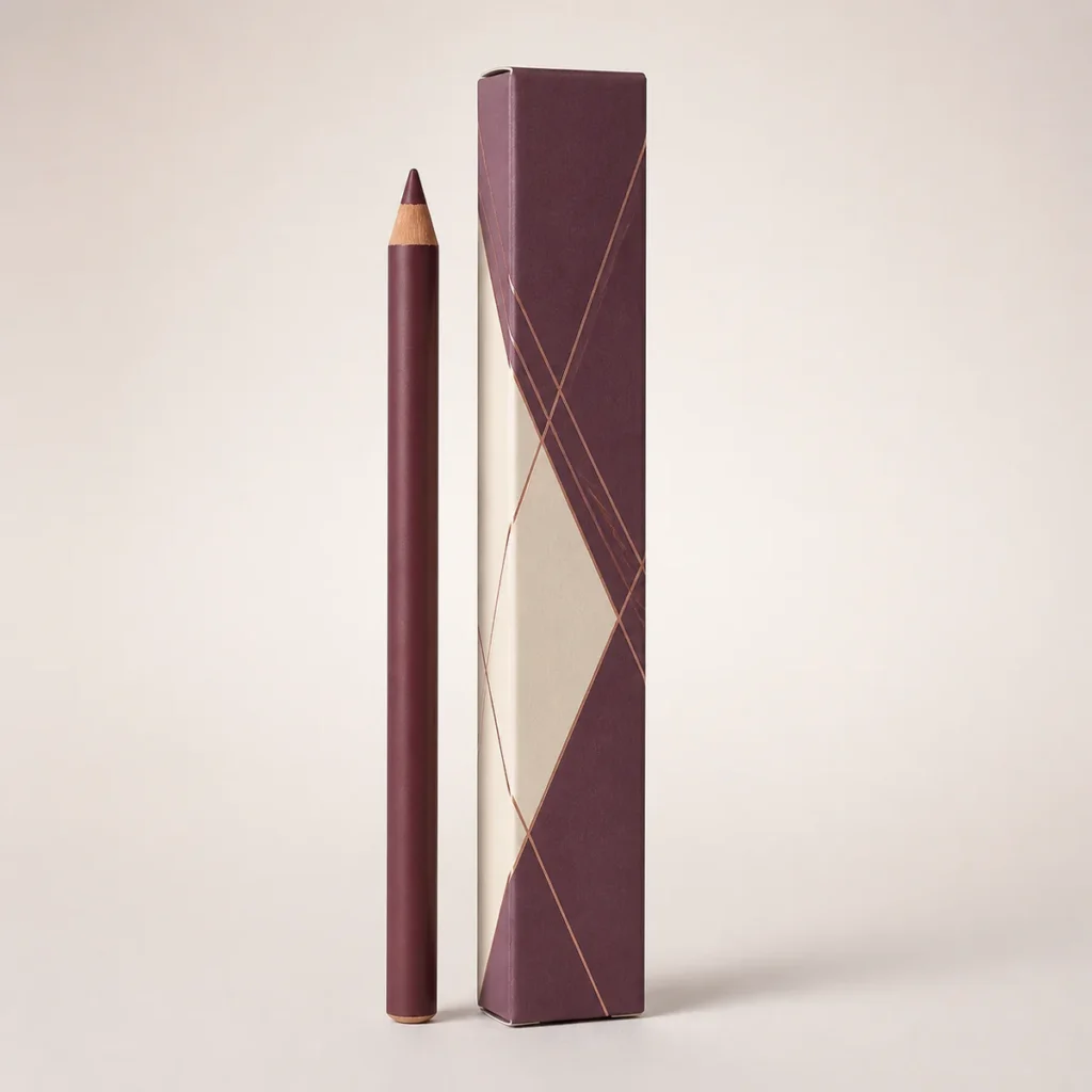 Custom lip liner box with matching product in a square studio photograph