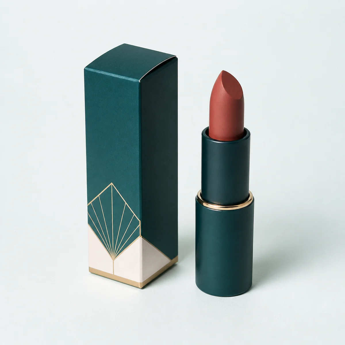 Custom lipstick packaging shown from a three-quarter side angle