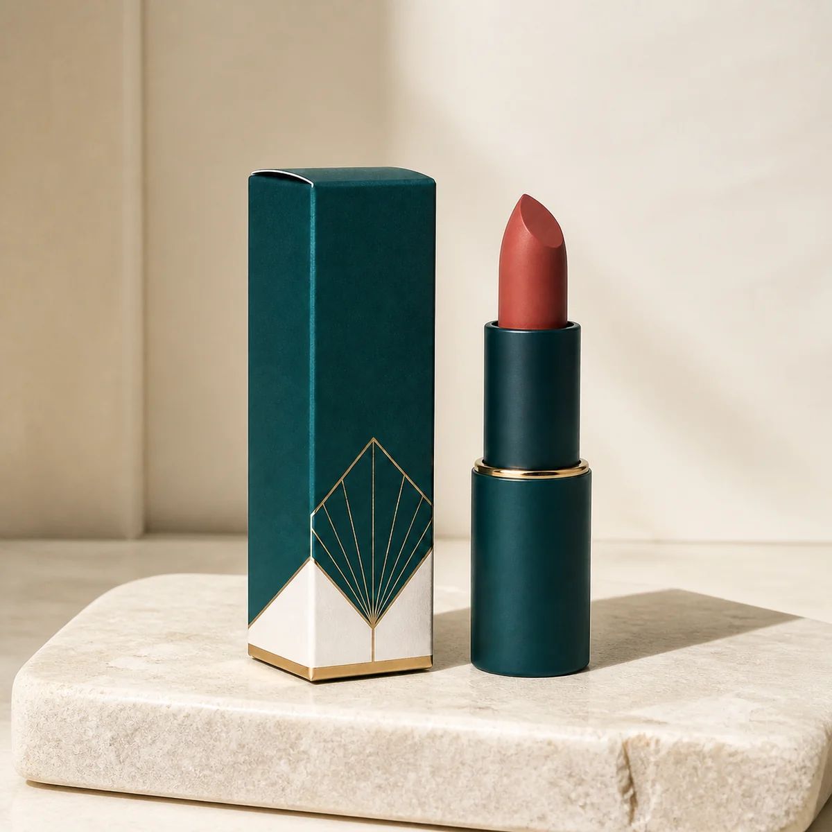 Custom lipstick box in a premium square retail styling scene