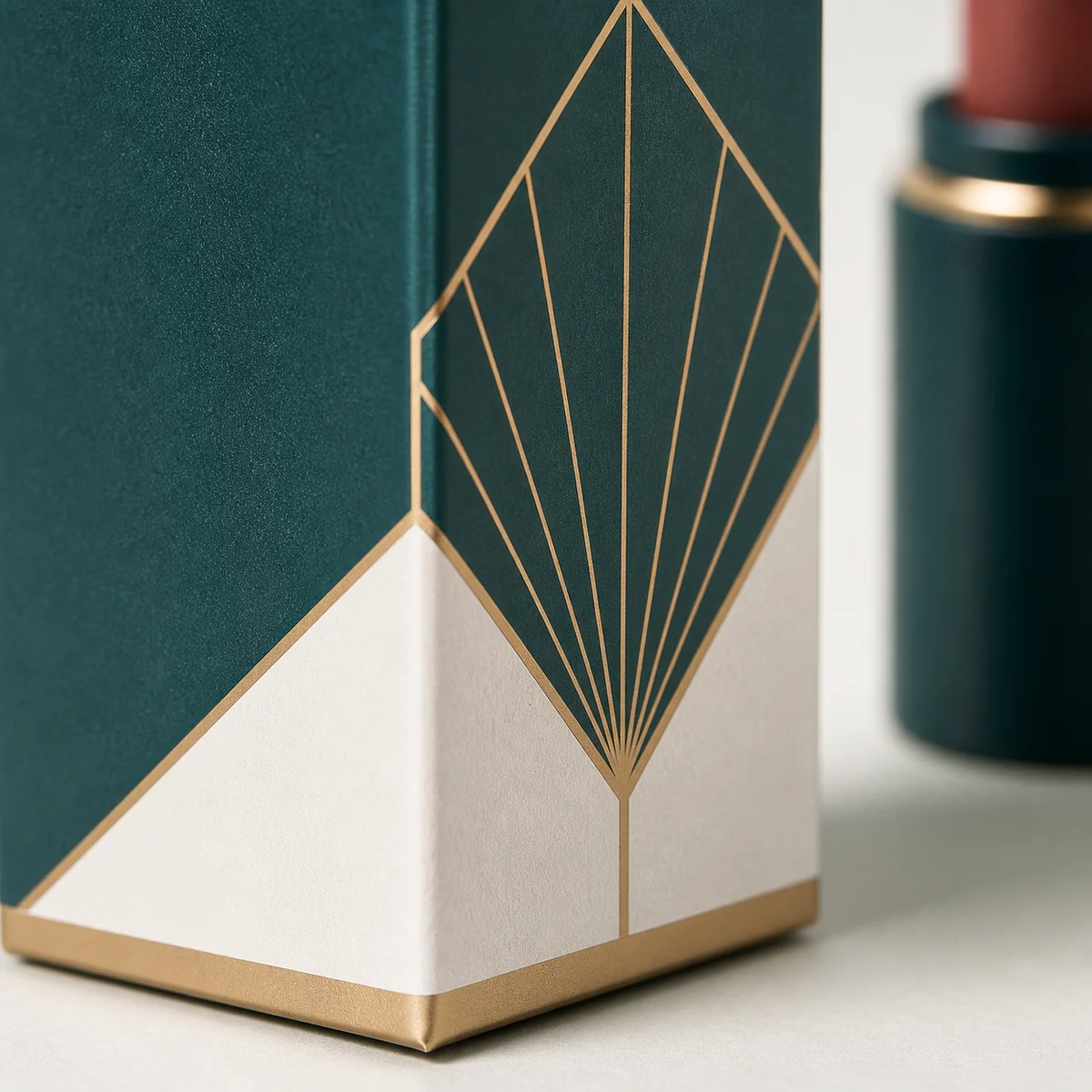 Close-up of custom lipstick box paper texture, print detail, and corner construction