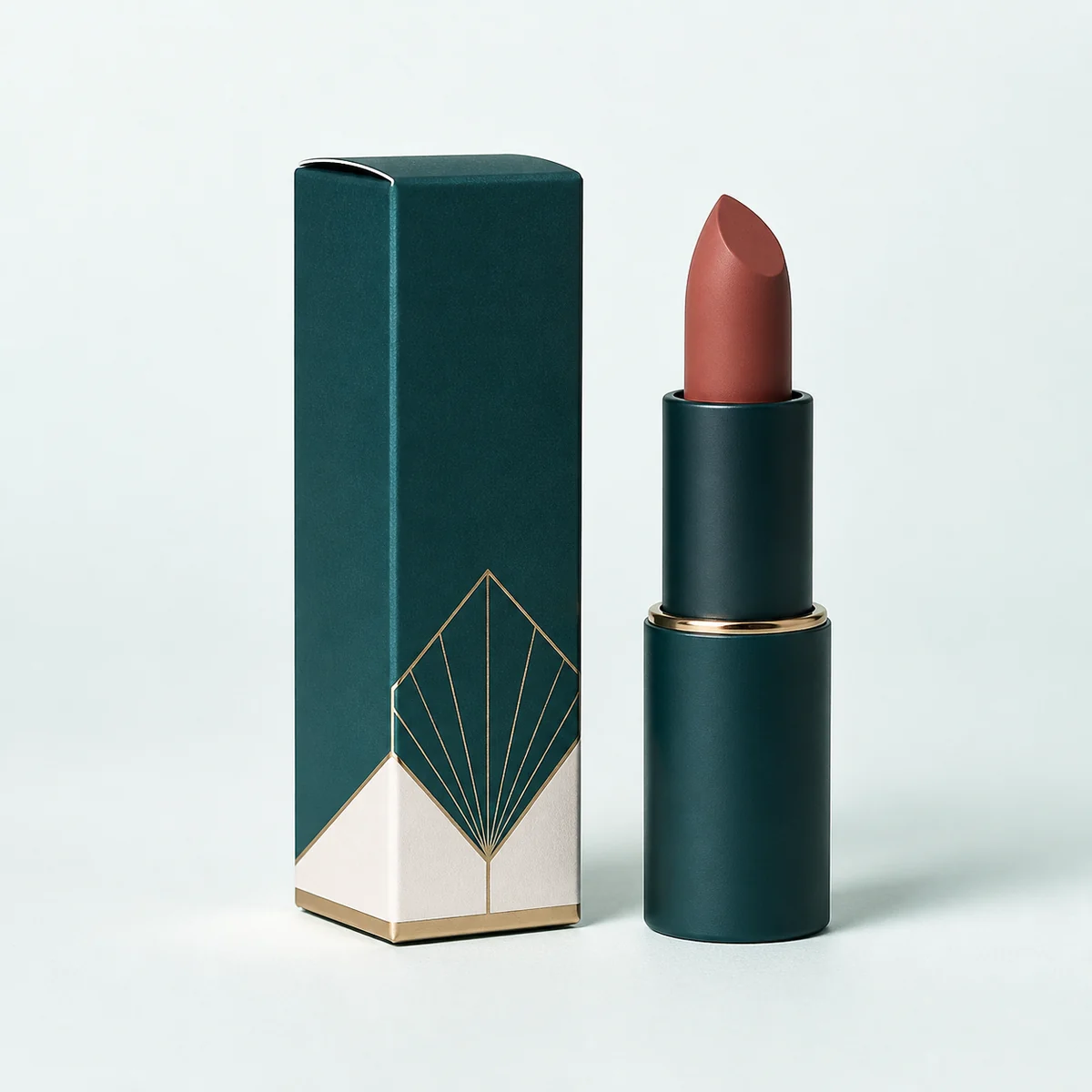 Custom lipstick box with matching product in a square studio photograph