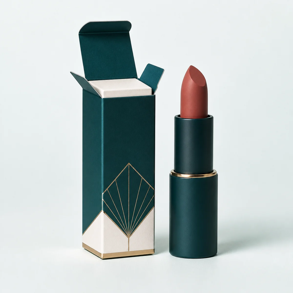 Open custom lipstick box showing its fitted insert and product presentation