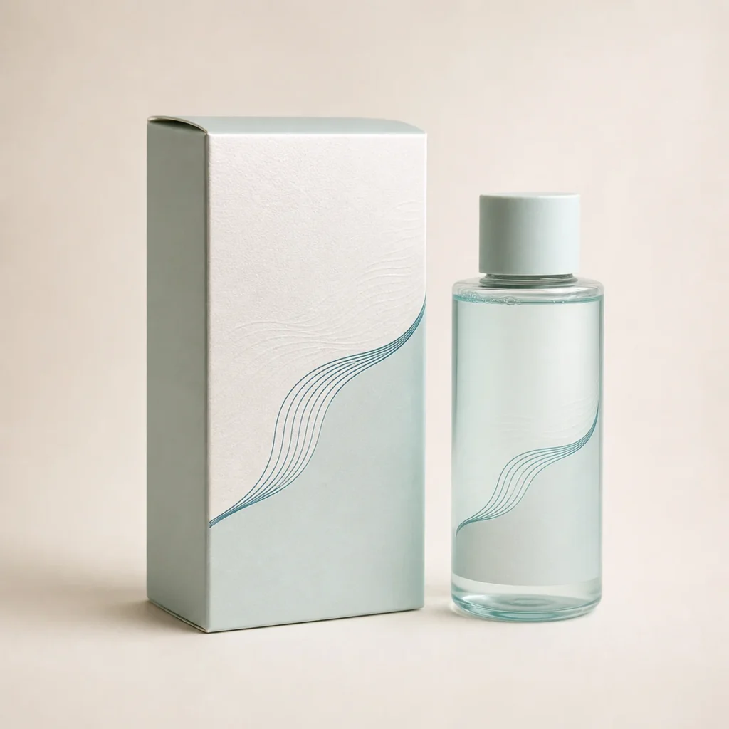 Custom makeup remover box with matching product in a square studio photograph