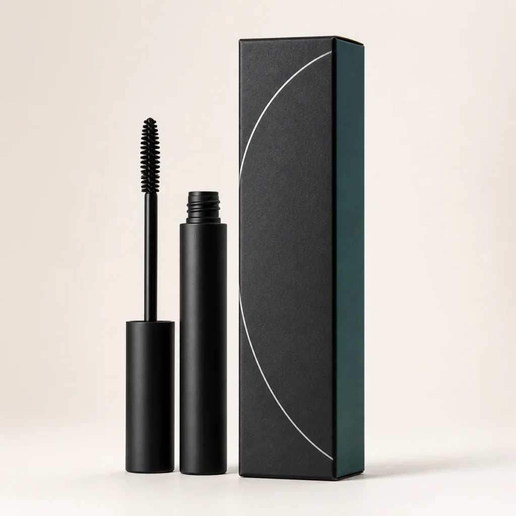 Custom mascara box with matching product in a square studio photograph