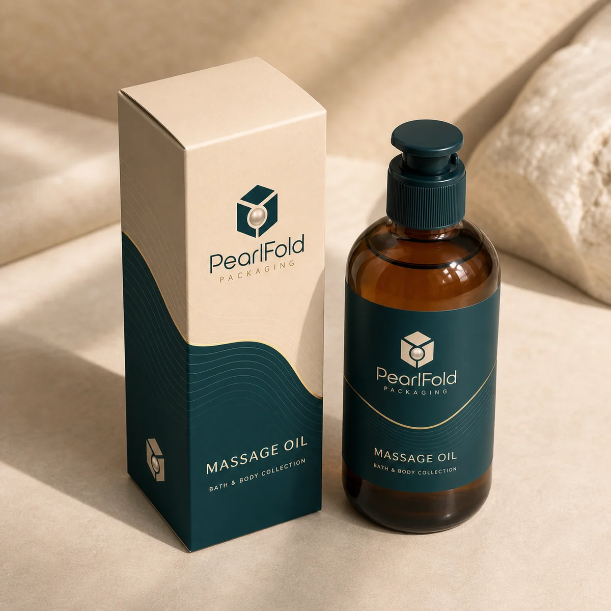 Custom massage oil packaging shown from a three-quarter side angle