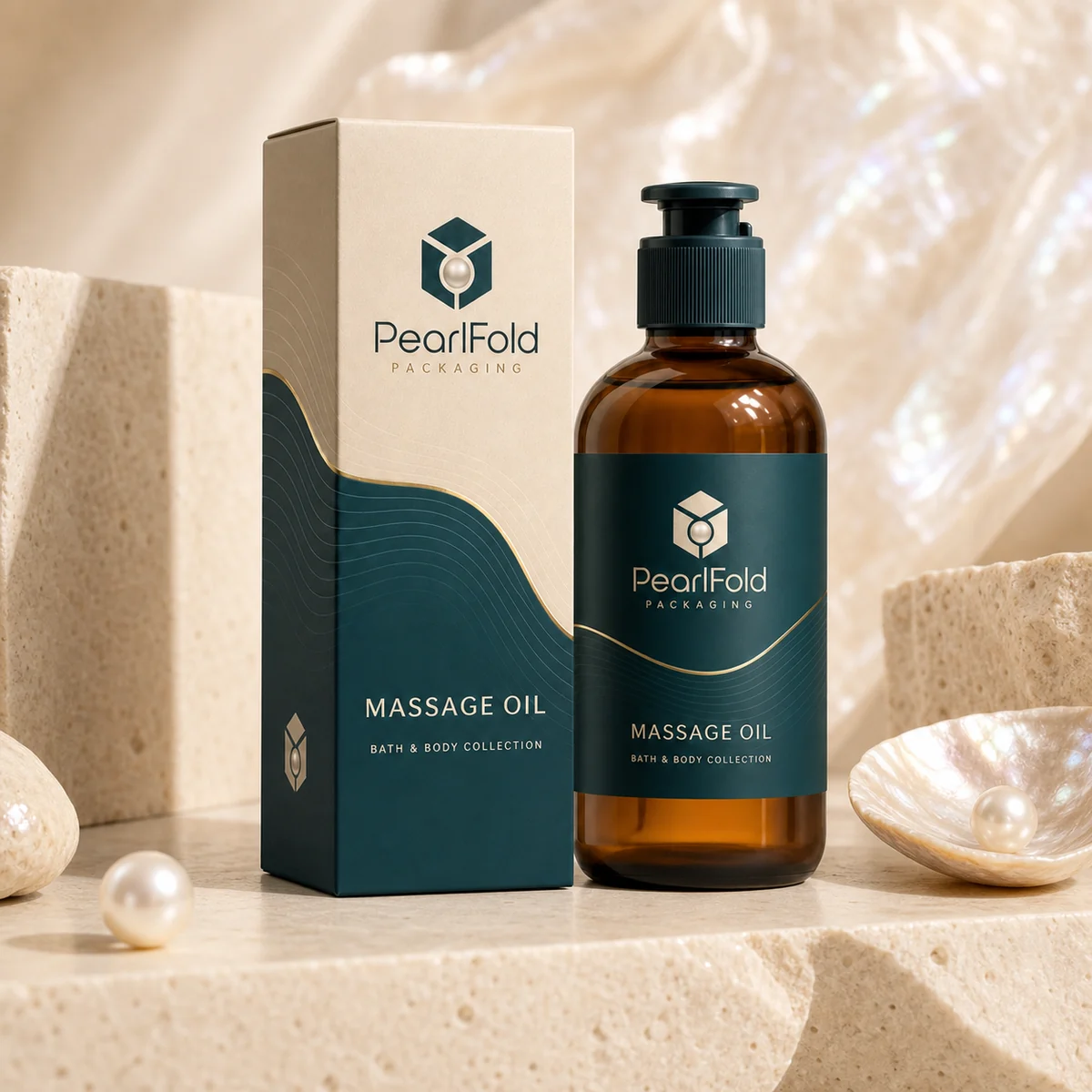 Custom massage oil box in a premium square retail styling scene