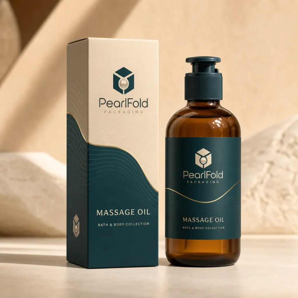 Custom massage oil box with matching product in a square studio photograph