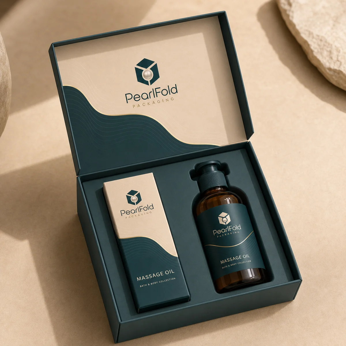 Open custom massage oil box showing its fitted insert and product presentation