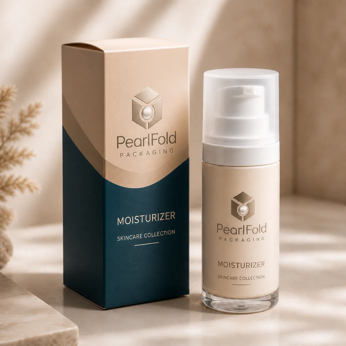 Custom moisturizer packaging shown from a three-quarter side angle