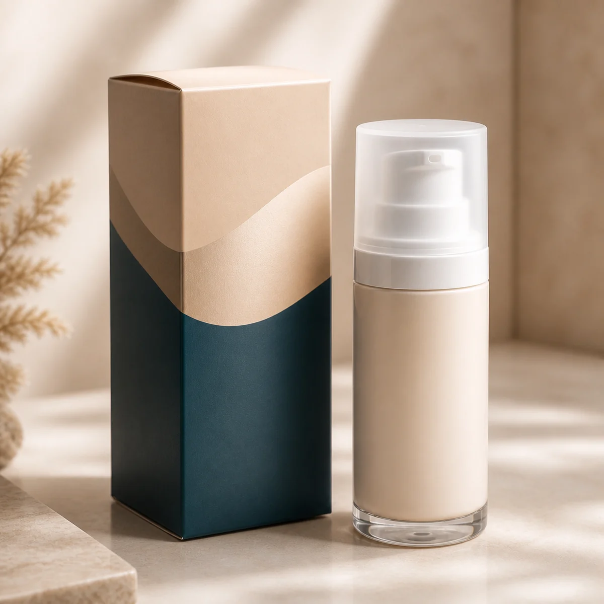 Custom moisturizer packaging shown from a three-quarter side angle