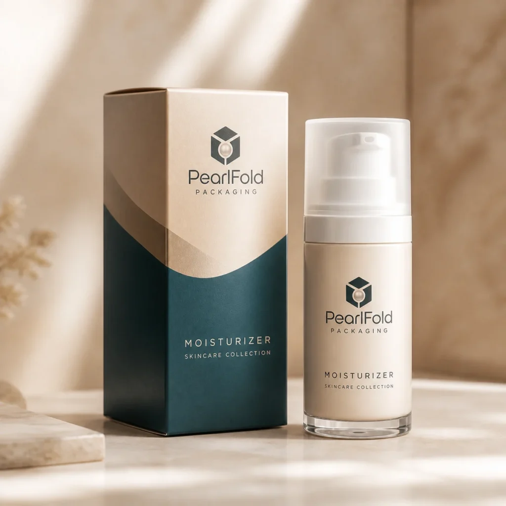 Custom moisturizer box with matching product in a square studio photograph