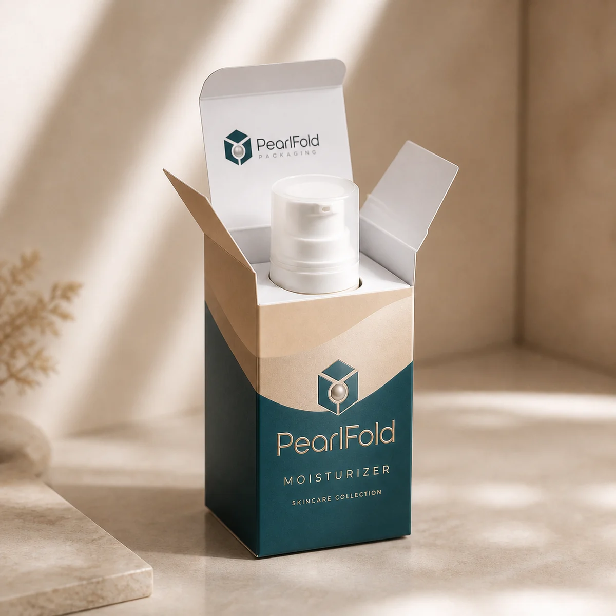 Open custom moisturizer box showing its fitted insert and product presentation