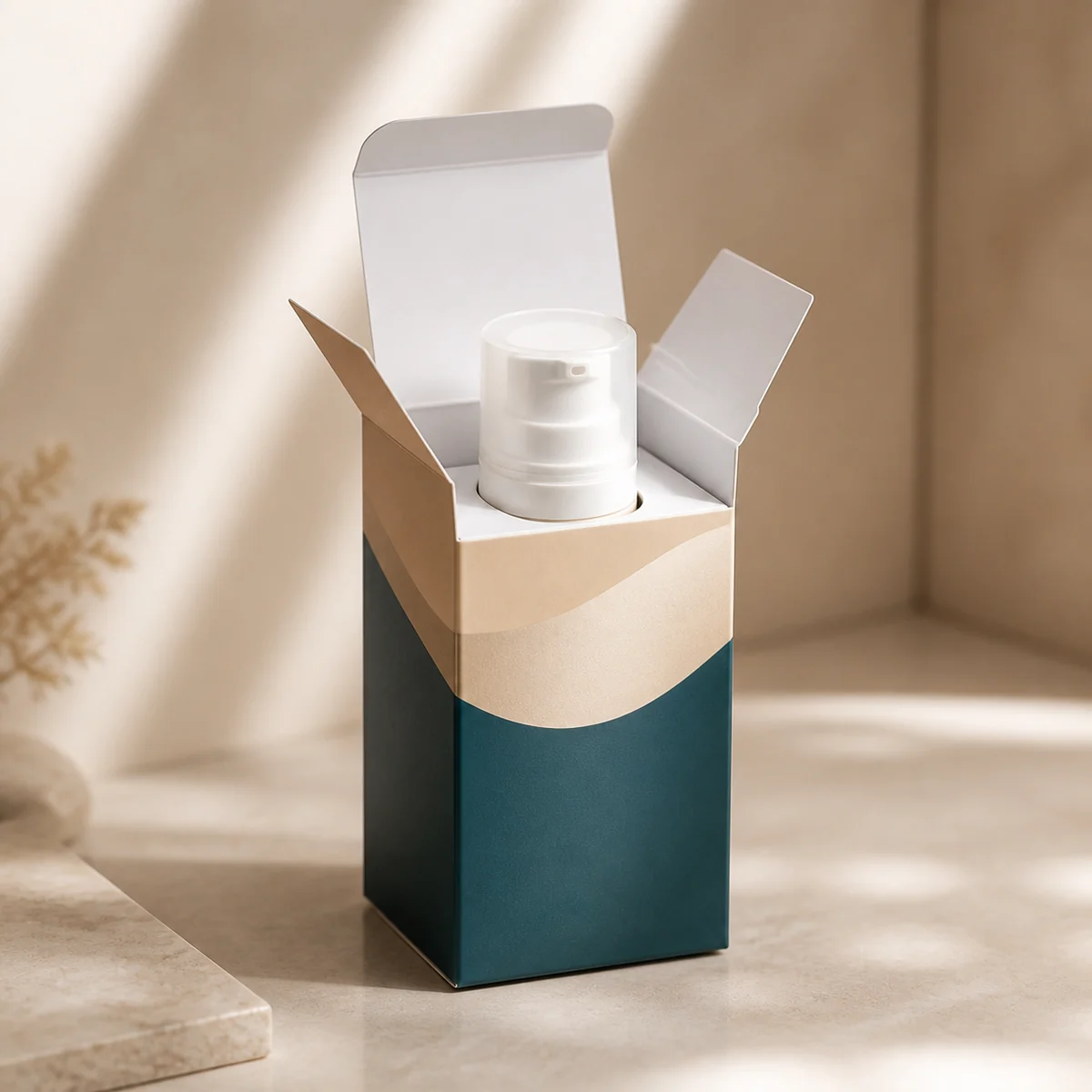 Open custom moisturizer box showing its fitted insert and product presentation