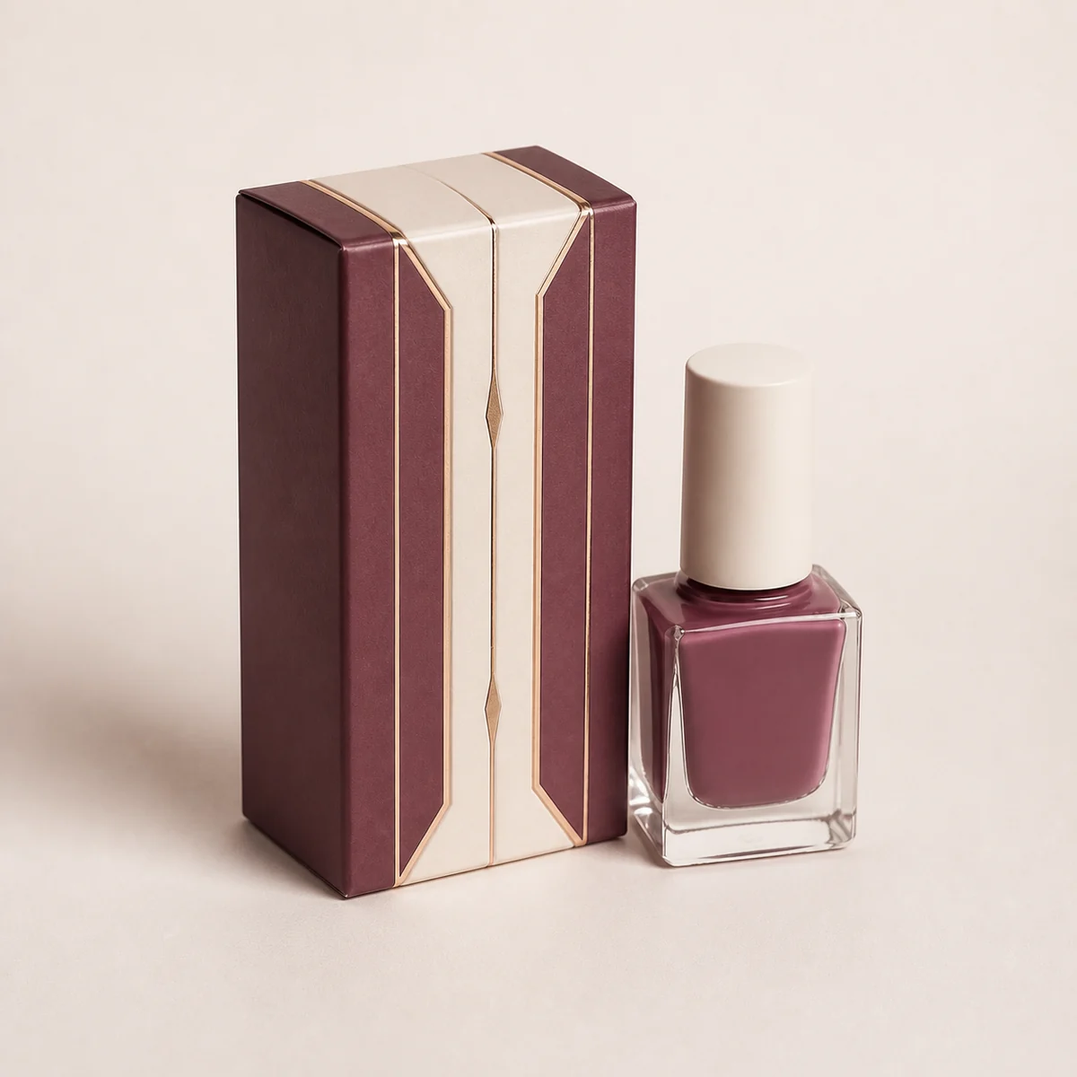 Custom nail polish packaging shown from a three-quarter side angle