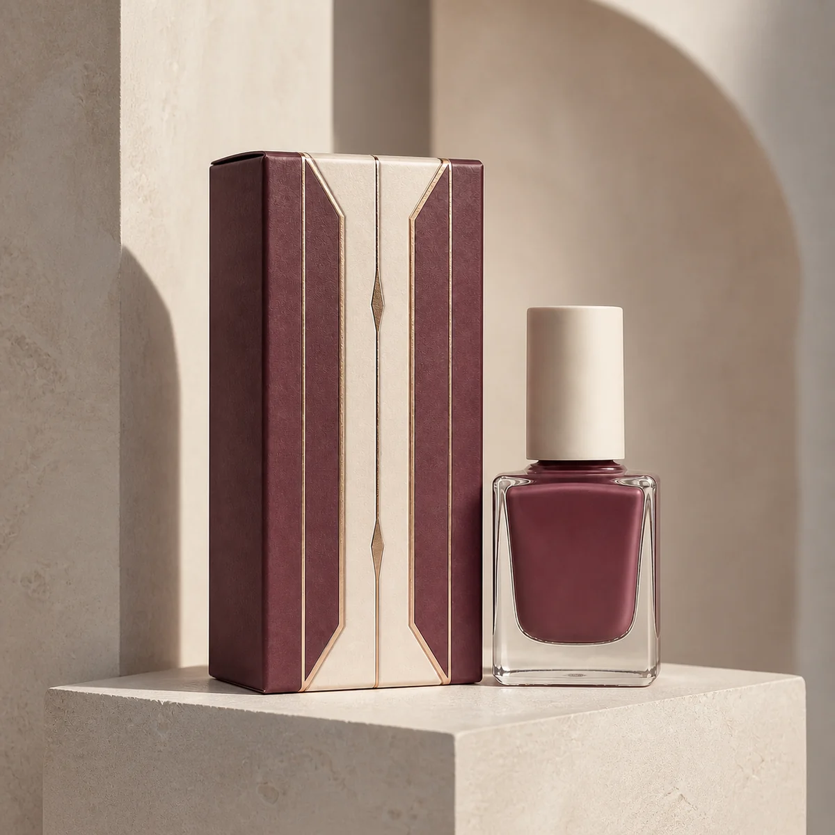 Custom nail polish box in a premium square retail styling scene