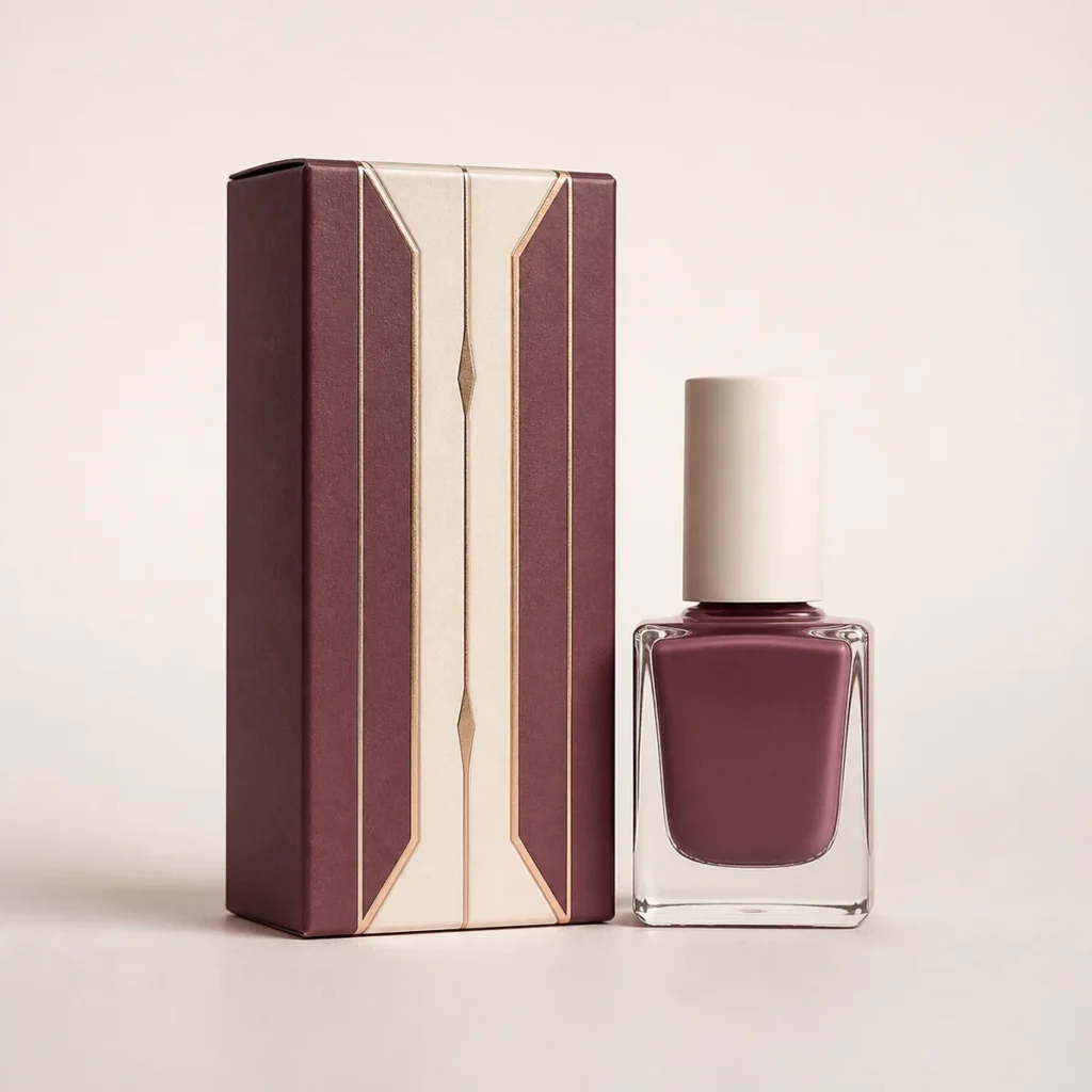 Custom nail polish box with matching product in a square studio photograph