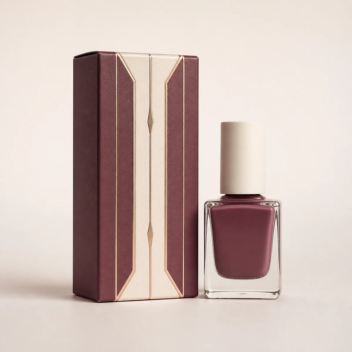 Custom nail polish box with matching product in a square studio photograph