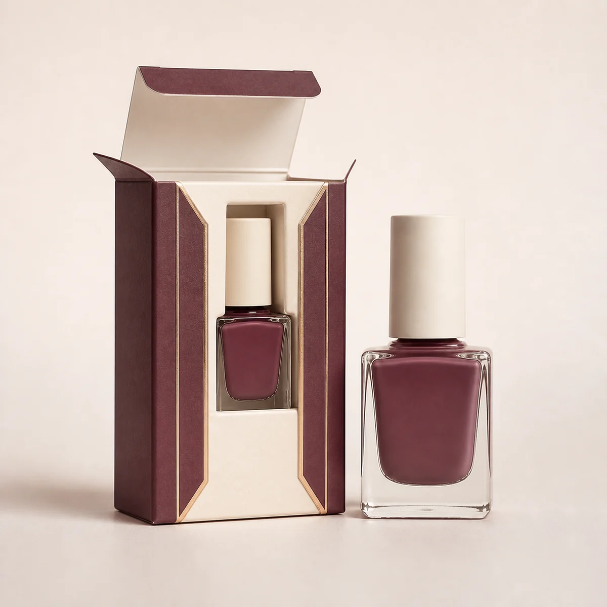 Open custom nail polish box showing its fitted insert and product presentation