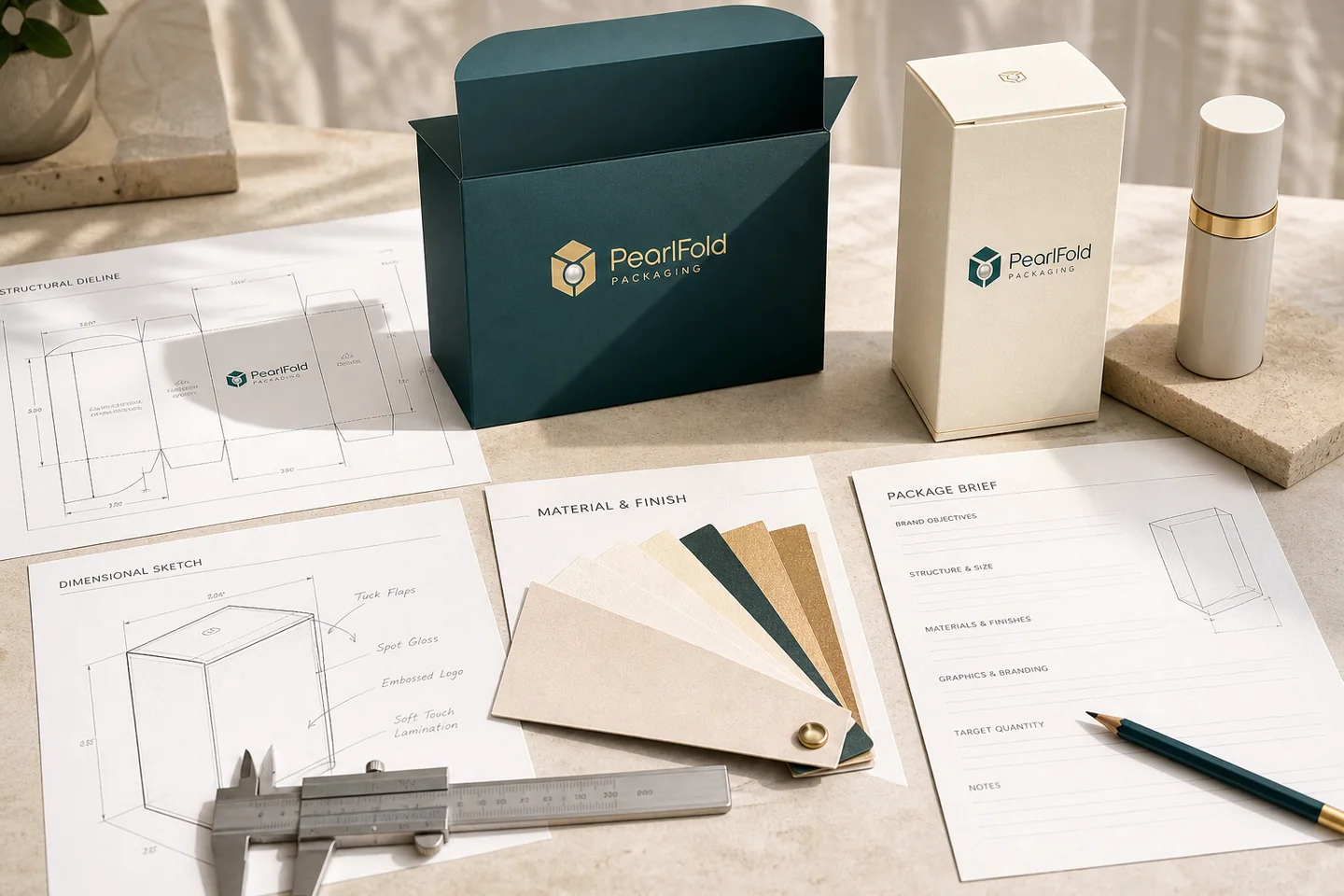 PearlFold boxes, dieline, material swatches, calipers and a custom packaging brief arranged for review