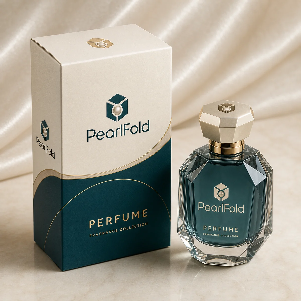 Custom perfume packaging shown from a three-quarter side angle