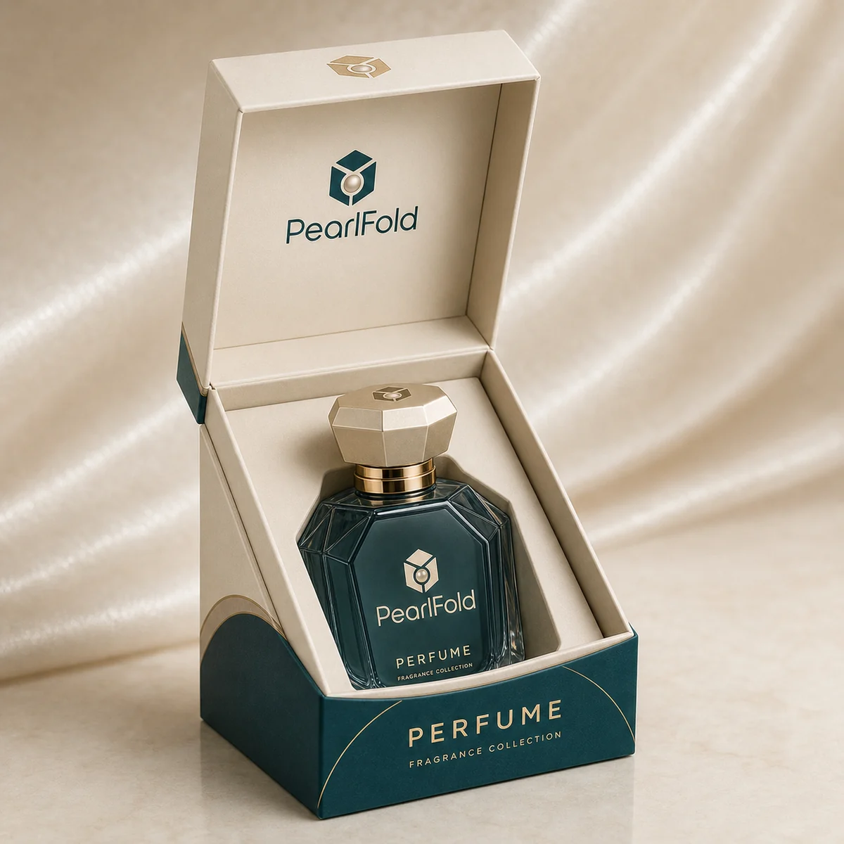 Open custom perfume box showing its fitted insert and product presentation