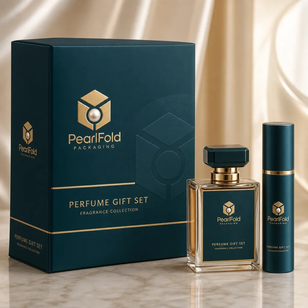 Custom perfume gift box with matching product in a square studio photograph
