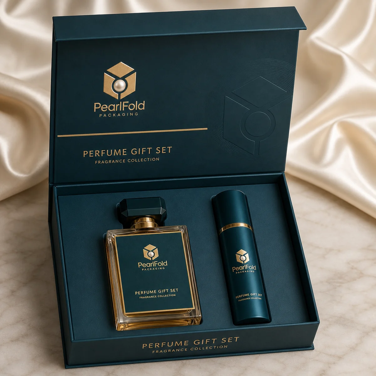 Open custom perfume gift box showing its fitted insert and product presentation