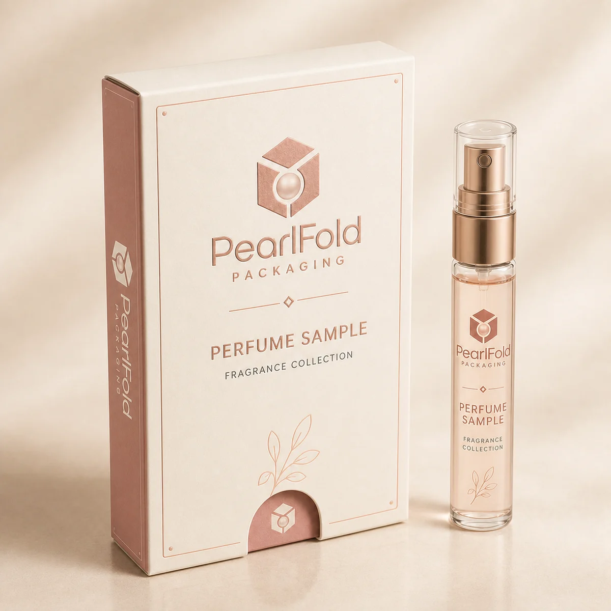 Custom perfume sample packaging shown from a three-quarter side angle