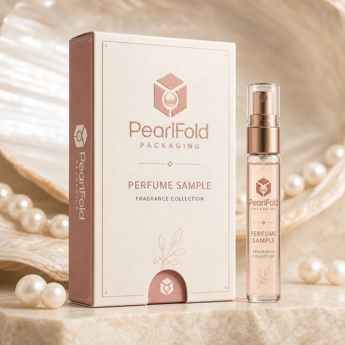 Custom perfume sample box in a premium square retail styling scene