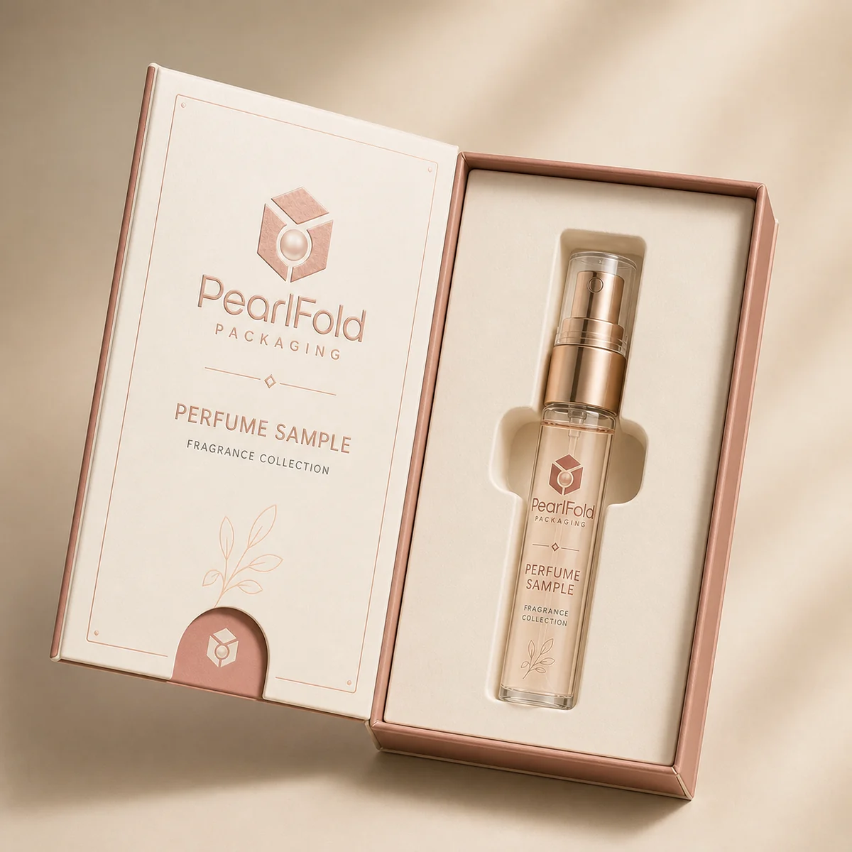 Open custom perfume sample box showing its fitted insert and product presentation