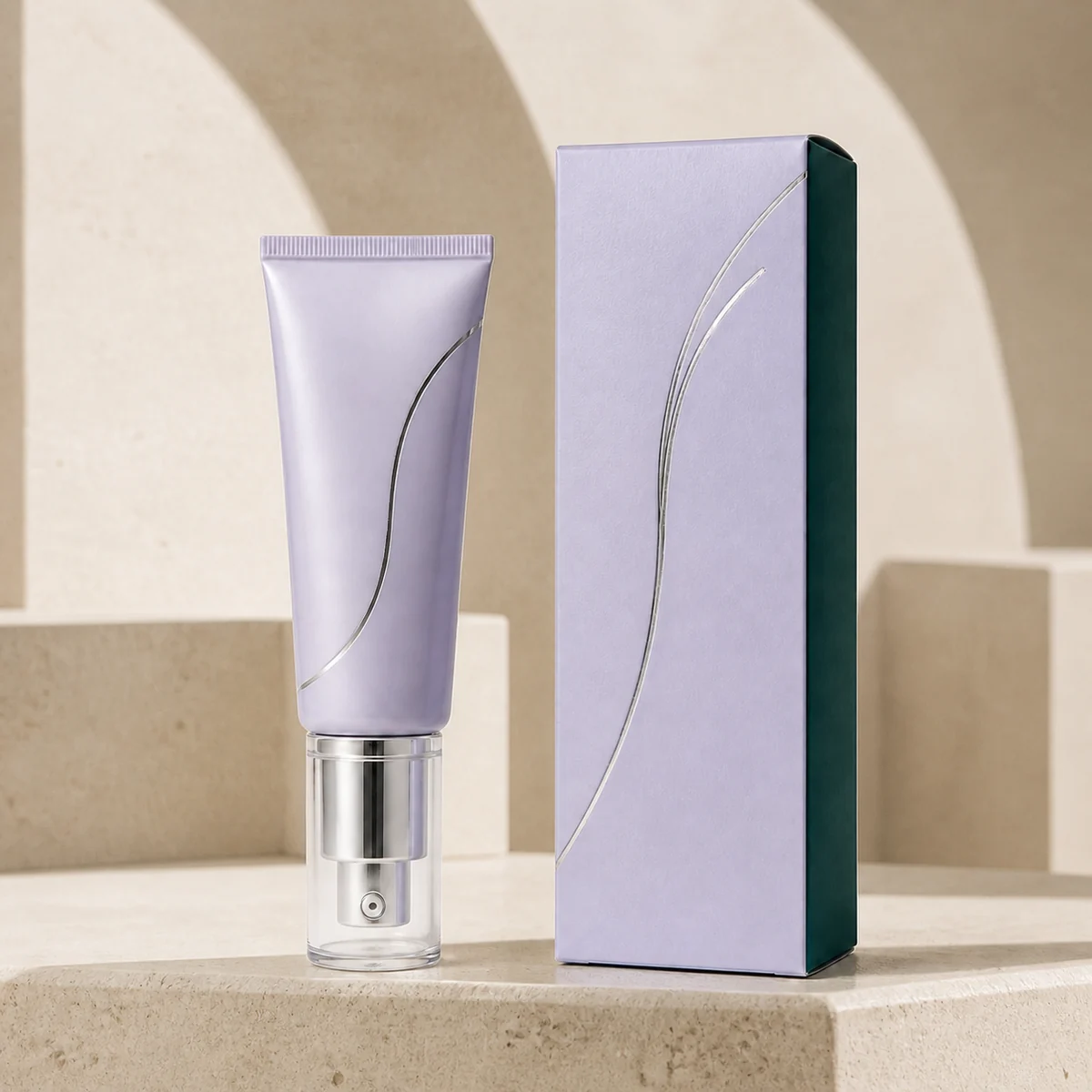 Custom primer box in a premium square retail styling scene