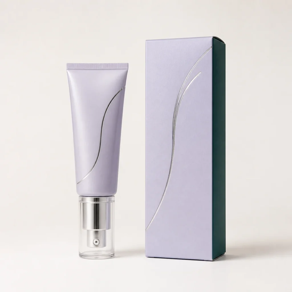 Custom primer box with matching product in a square studio photograph