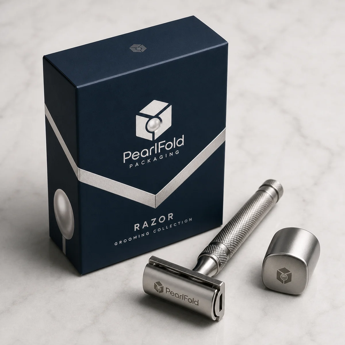 Custom razor packaging shown from a three-quarter side angle