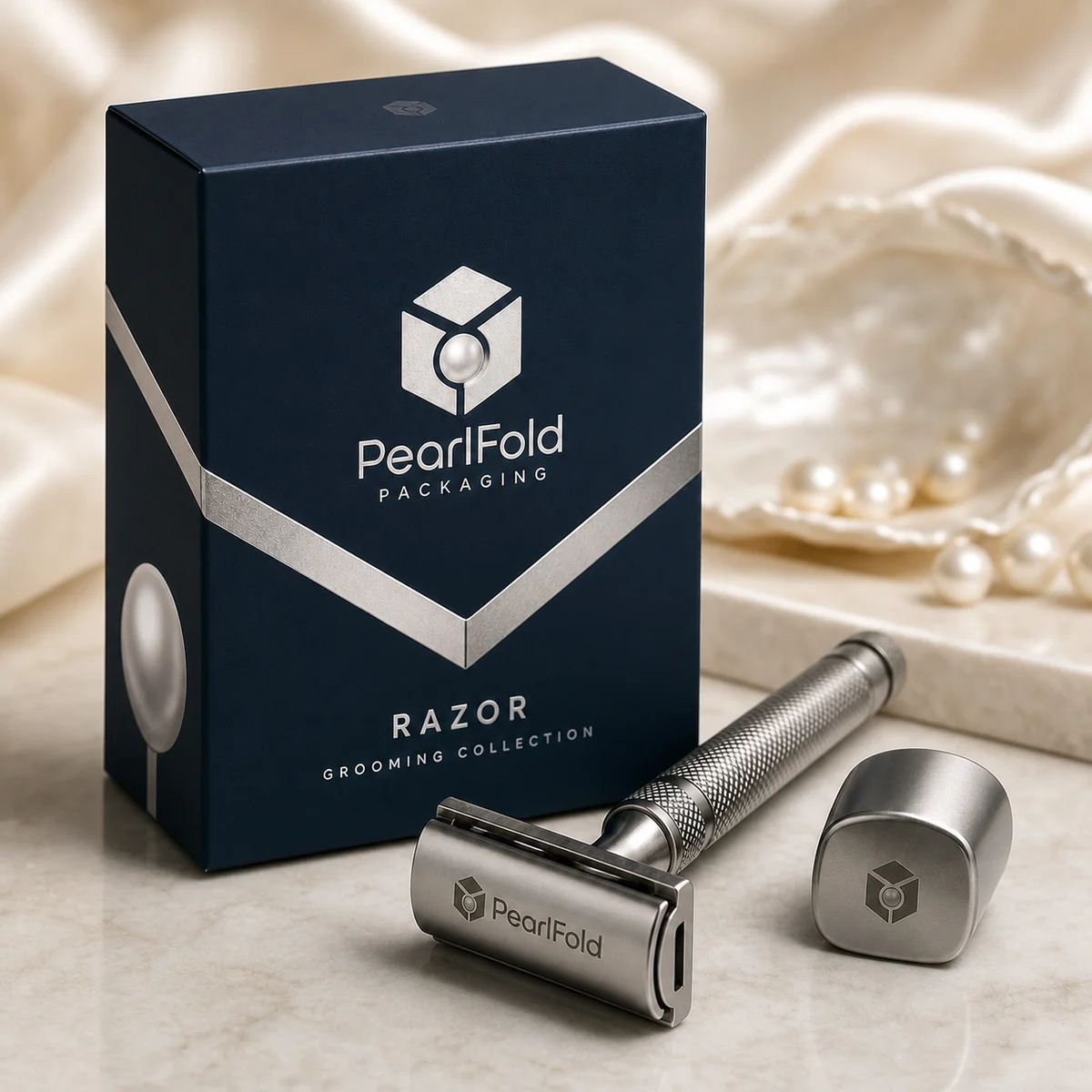 Custom razor box in a premium square retail styling scene