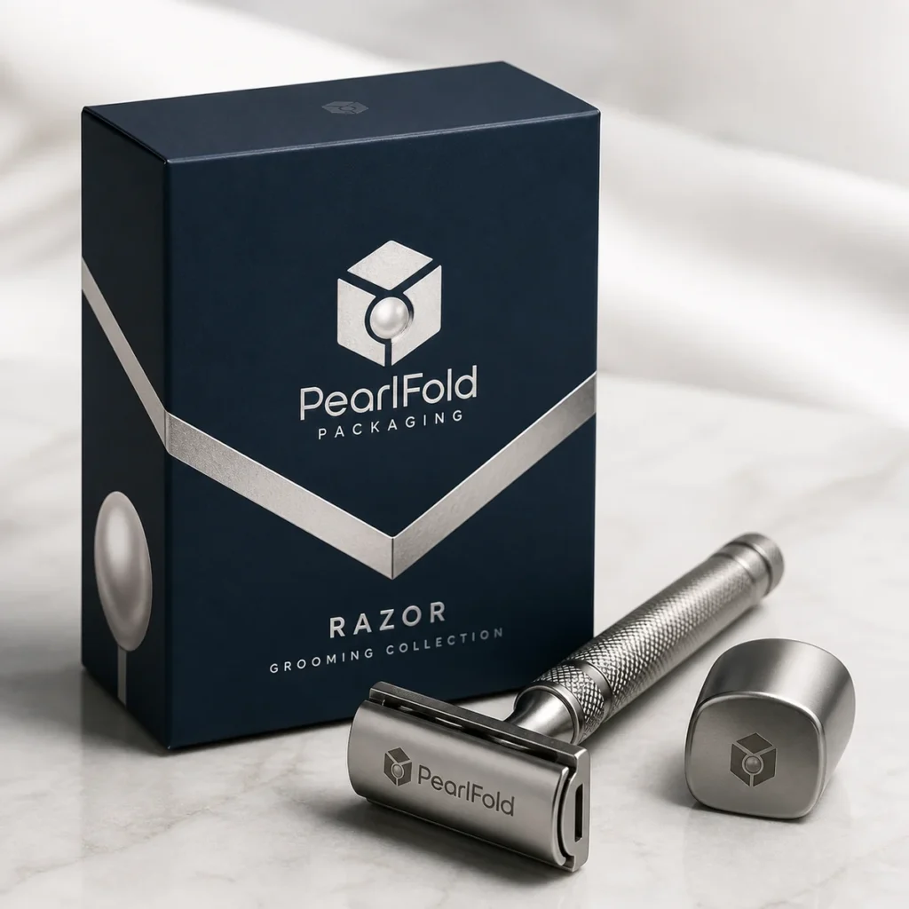 Custom razor box with matching product in a square studio photograph