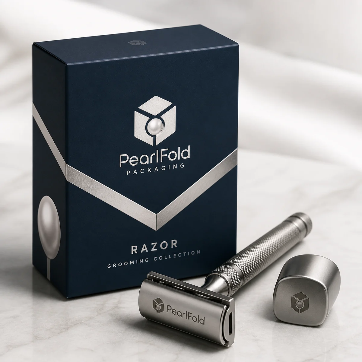 Custom razor box with matching product in a square studio photograph