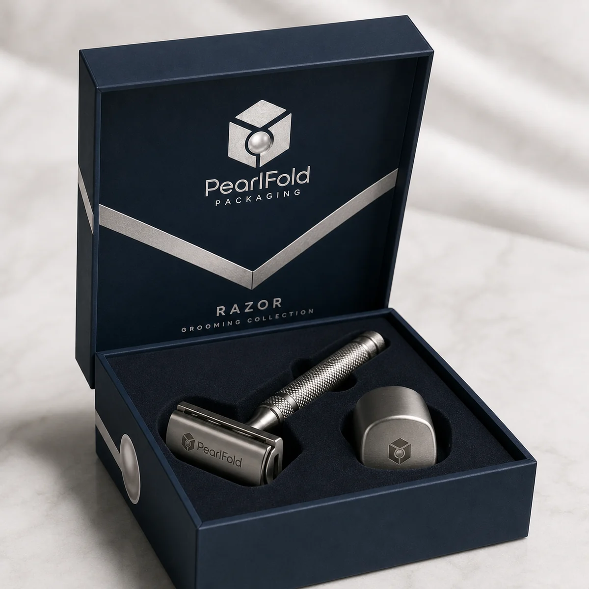 Open custom razor box showing its fitted insert and product presentation