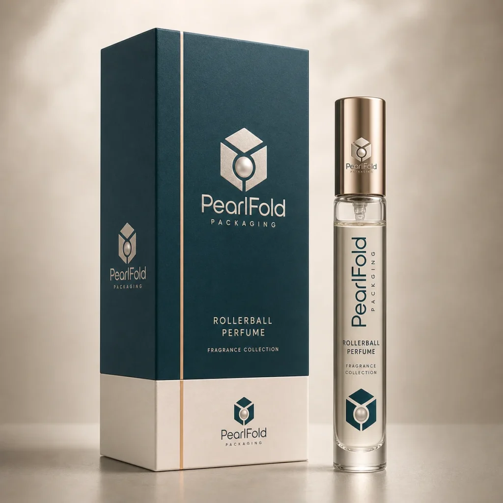 Custom rollerball perfume box with matching product in a square studio photograph
