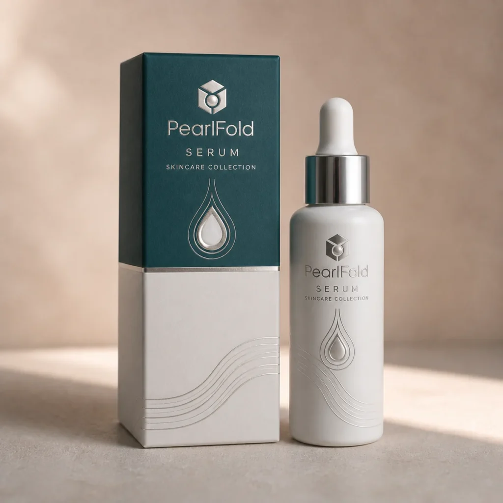 Custom serum box with matching product in a square studio photograph