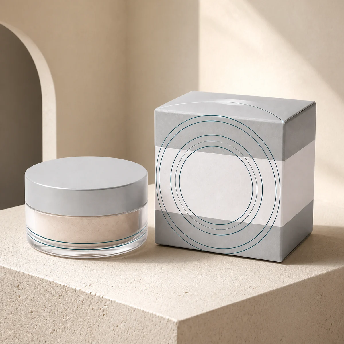 Custom setting powder box in a premium square retail styling scene