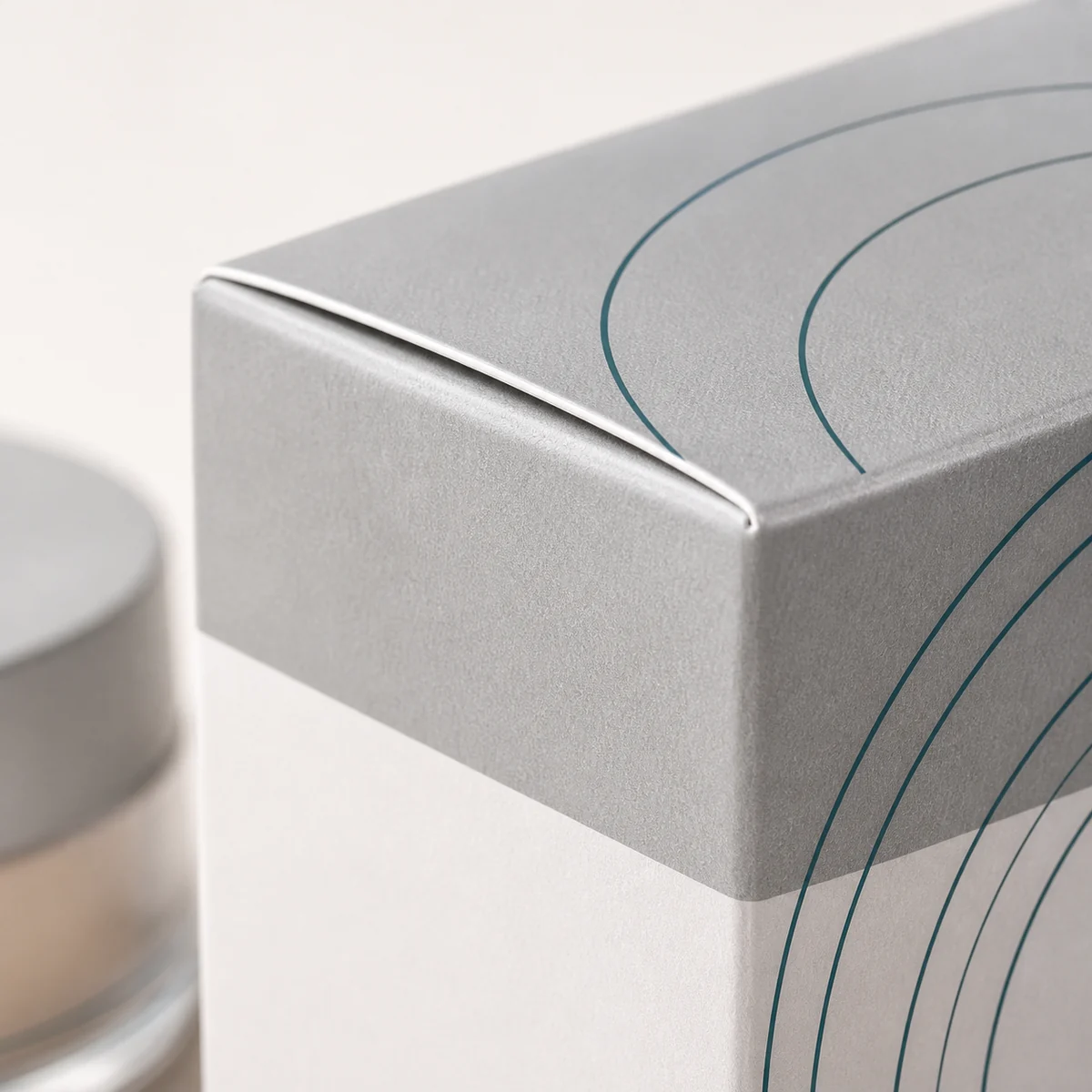 Close-up of custom setting powder box paper texture, print detail, and corner construction